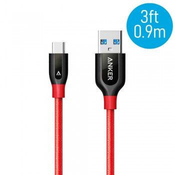 Anker A8168 PowerLine+ 3ft USB-C to USB-A 3.0 Connector Cable - Red (0.9m)
