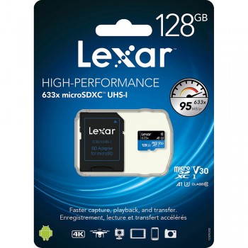 Lexar 633X microSDXC 128GB High-Performance A1 U3 UHS-I Memory Cards with SD Adapter (up to 95MB/s Read, Write 45MB/s)