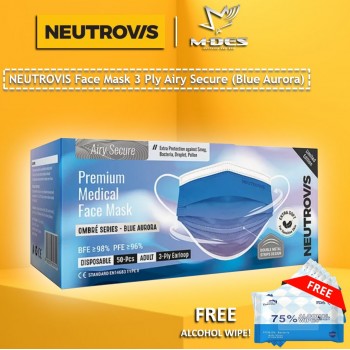 Neutrovis 3Ply Earloop Extra Protection Extra Soft For Skin Sensitive Premium Medical Face Mask Airy Secure Blue Aurora (50's)