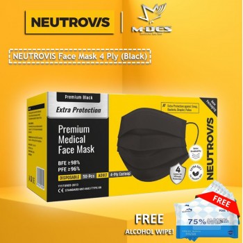 Neutrovis 4Ply Earloop Extra Protection Extra Soft For Skin Sensitive Premium Medical Face Mask Black (50's)