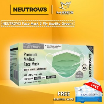 Neutrovis 3Ply Earloop Extra Protection Extra Soft For Skin Sensitive Premium Medical Face Mask Mojito Mint (50's)