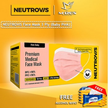 Neutrovis 3Ply Earloop Extra Protection Extra Soft For Skin Sensitive Premium Medical Face Mask Baby Pink (50's)